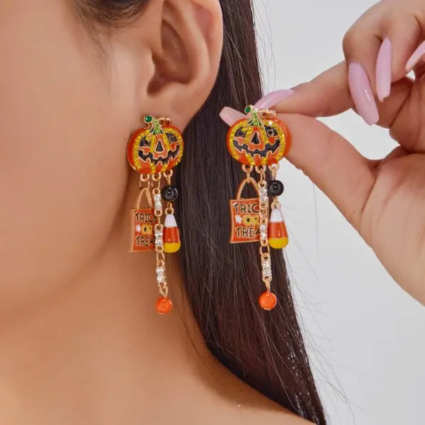 Halloween Pumpkin Dangle Earrings for Women Crystal Zircon Ghost Spider Long Tassel Dripping Oil Earring Party Festival Jewelry