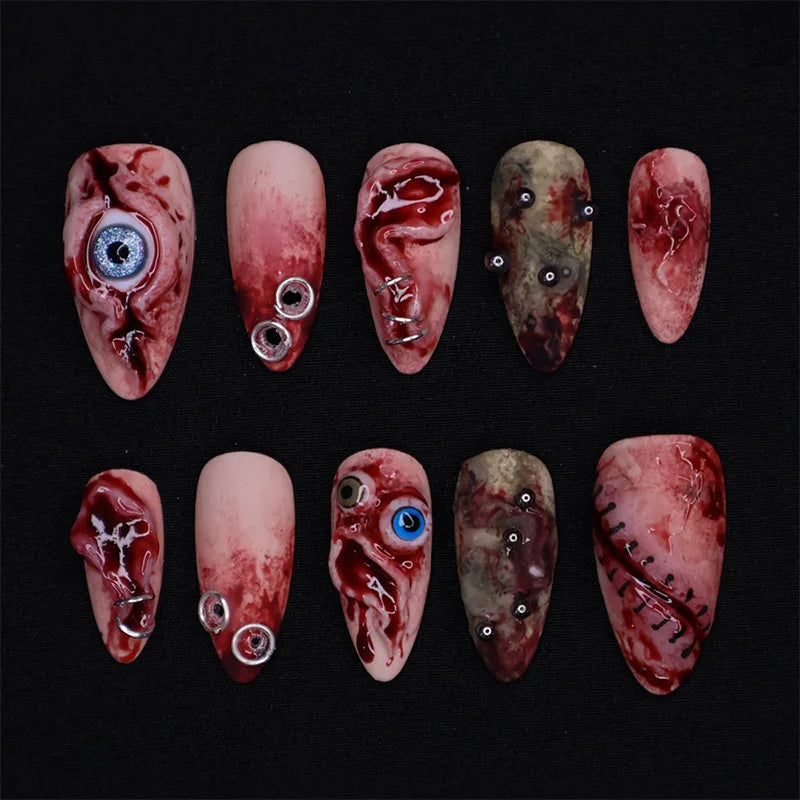 30PCS Terror Halloween Press-on Nails 3D Blood Stained Eyeballs Unique Clowns High-quality Nail Art Fake Nail Almond False Nails