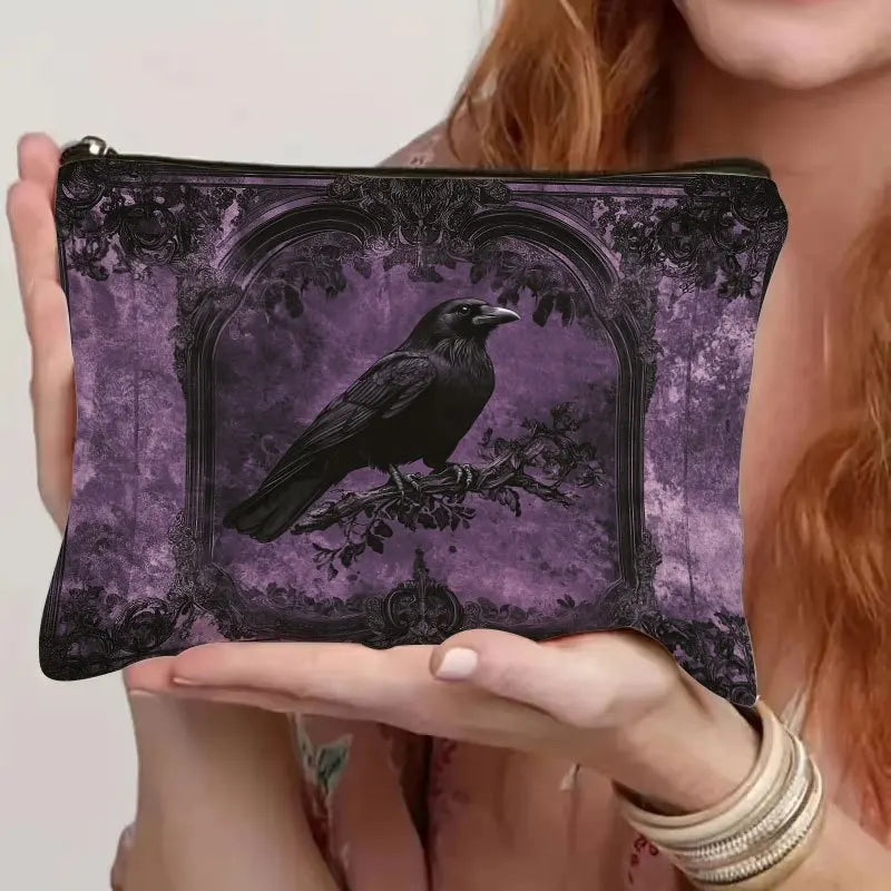 1pc Retro Witch Gothic Resin Makeup Bag with Safety Zipper - Vintage Purple Raven & Ornate Frame Design