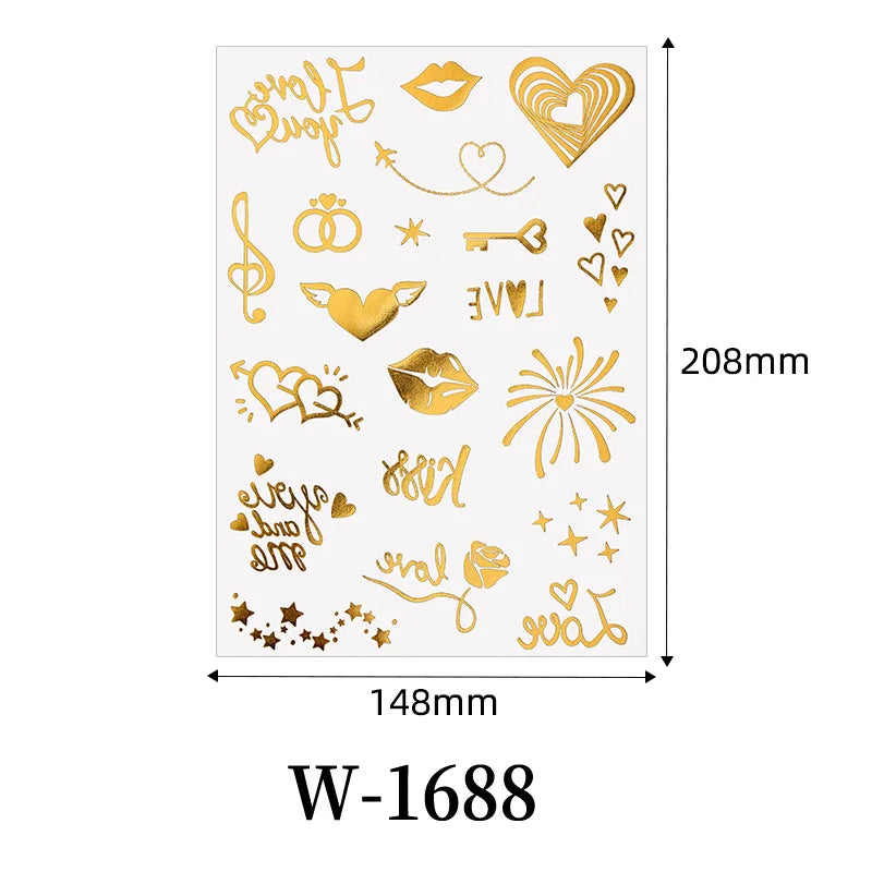 Waterproof Metallic Temporary Tattoos Women Gold Flash Fake Tattoo Sticker Heart Design Stickers for Valentine Wedding Body Art