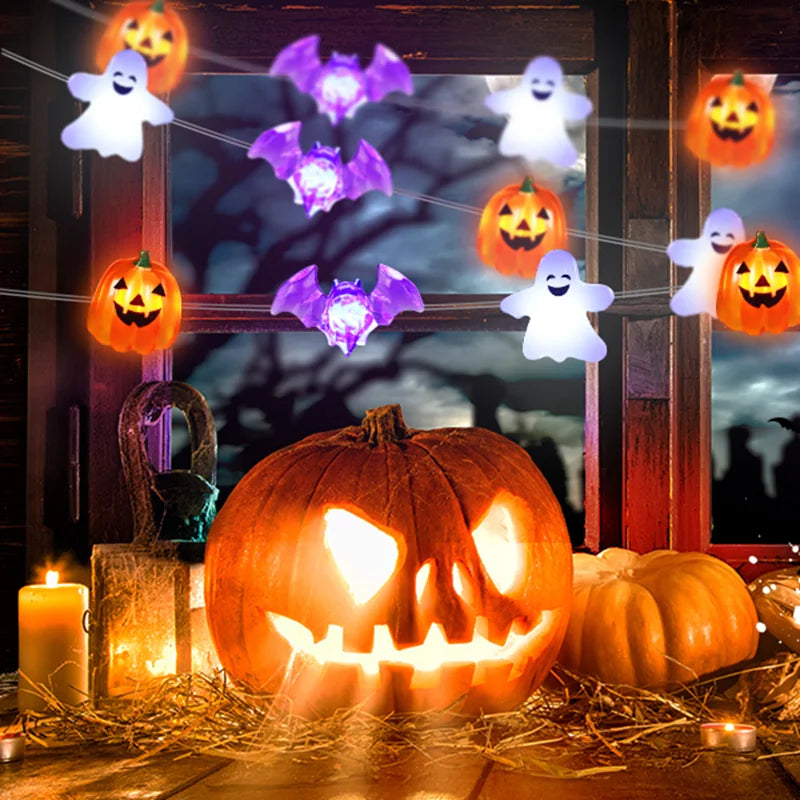 1pc 20/30 LED Halloween Copper Wire String Light With Mini Ghost Pumpkin Bat Fairy Lamp For Home Halloween Party Festival Decor