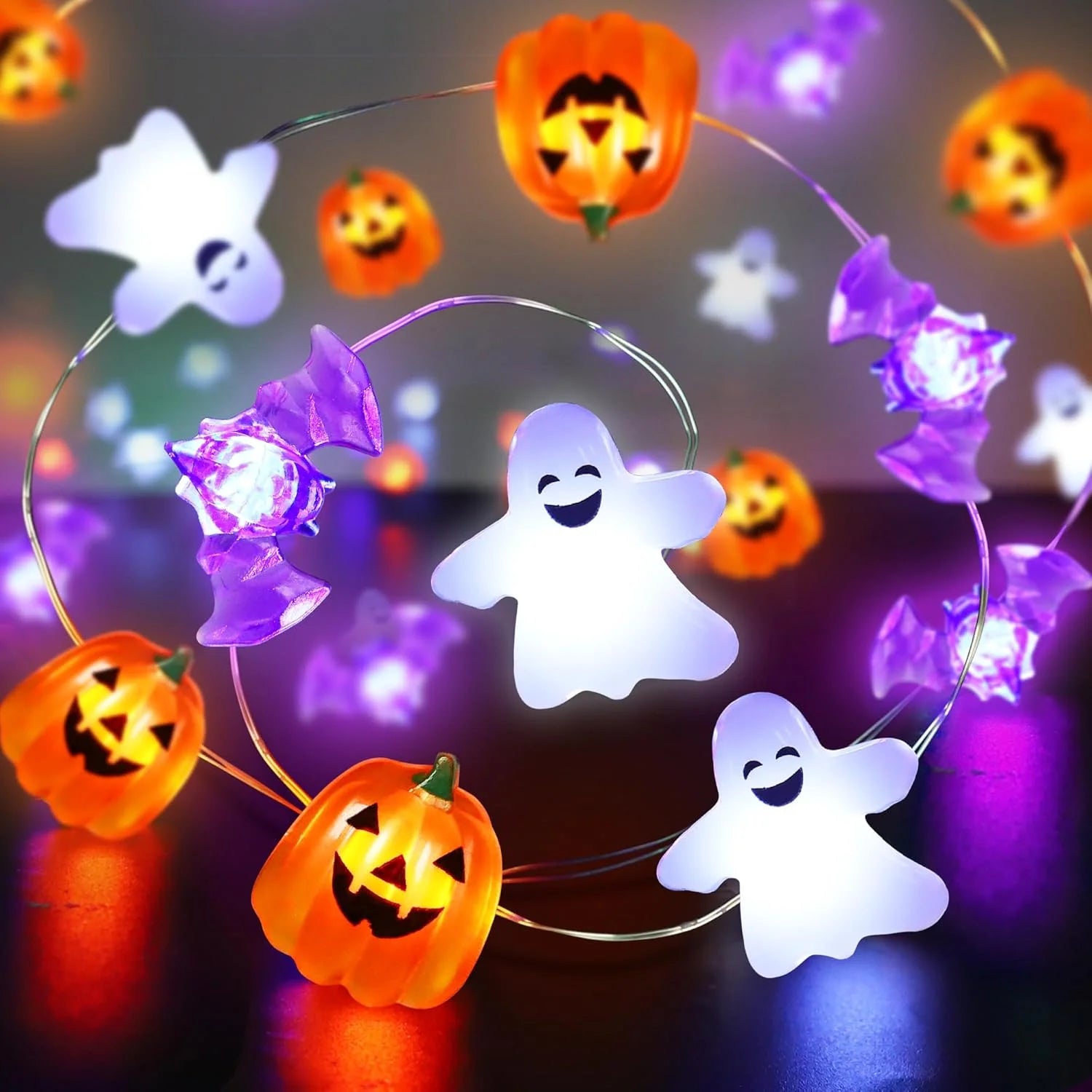 1pc 20/30 LED Halloween Copper Wire String Light With Mini Ghost Pumpkin Bat Fairy Lamp For Home Halloween Party Festival Decor