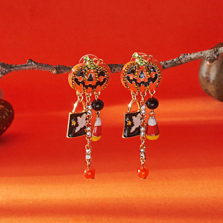 Halloween Pumpkin Dangle Earrings for Women Crystal Zircon Ghost Spider Long Tassel Dripping Oil Earring Party Festival Jewelry