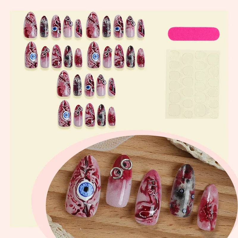 30PCS Terror Halloween Press-on Nails 3D Blood Stained Eyeballs Unique Clowns High-quality Nail Art Fake Nail Almond False Nails