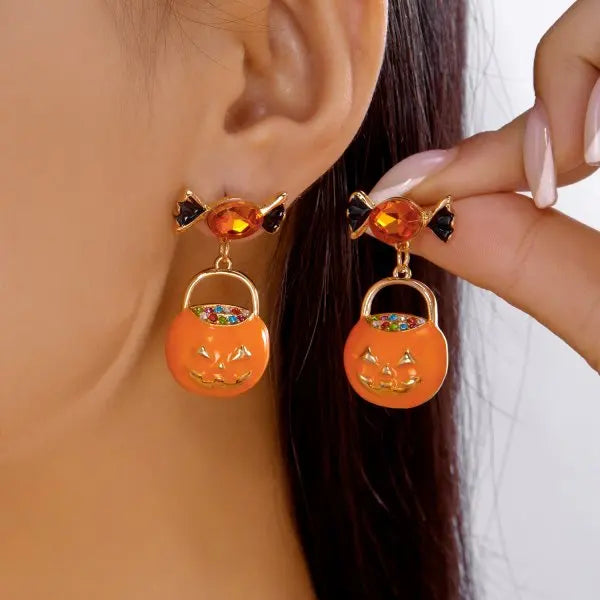 Halloween Pumpkin Dangle Earrings for Women Crystal Zircon Ghost Spider Long Tassel Dripping Oil Earring Party Festival Jewelry