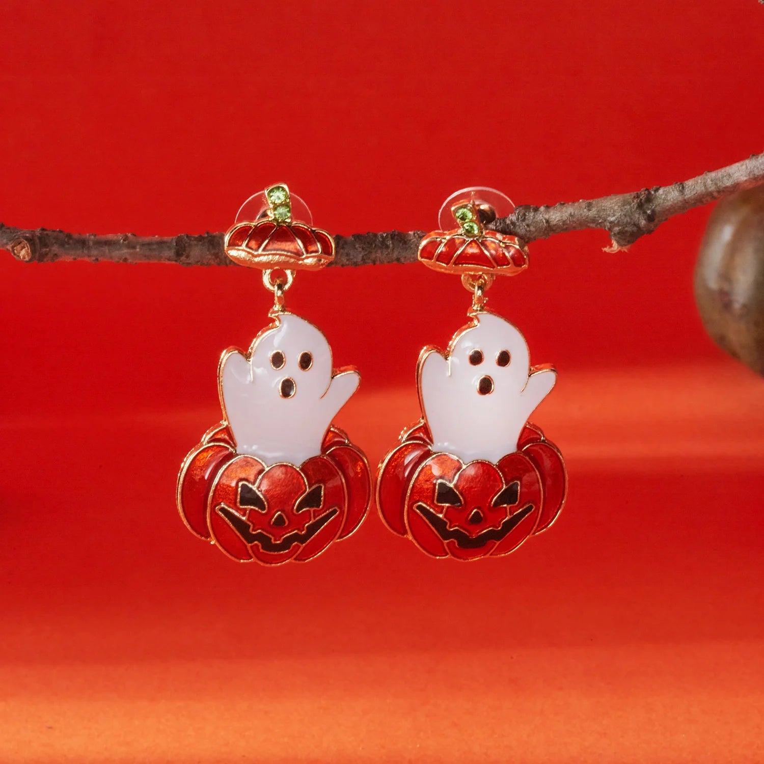 Halloween Pumpkin Dangle Earrings for Women Crystal Zircon Ghost Spider Long Tassel Dripping Oil Earring Party Festival Jewelry