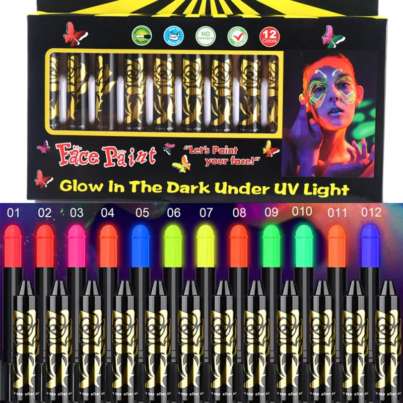12pcs UV Neon Face Body Paint Kit,Fluorescent Glow in The Dark Face Paint Crayons Sticks for Mardi Halloween Masquerade Makeup