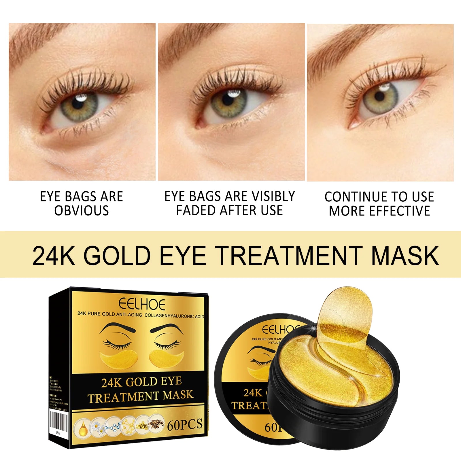 EELHOE Gold Under Eye Patches Anti-Aging Care 60pcs