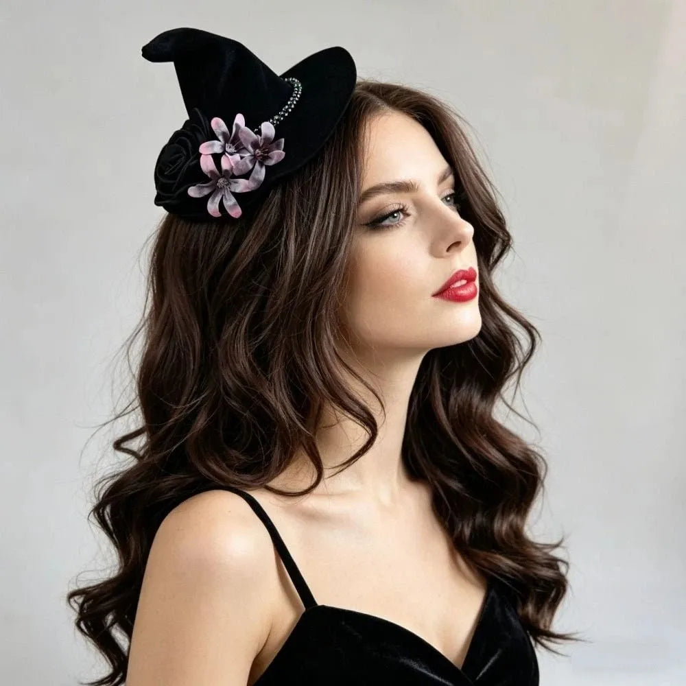 Flower Witch Hat Hair Clip Skull Spider Gothic Style Halloween Hair Clip Headdress Dark Black Witch Hairpins Cosplay