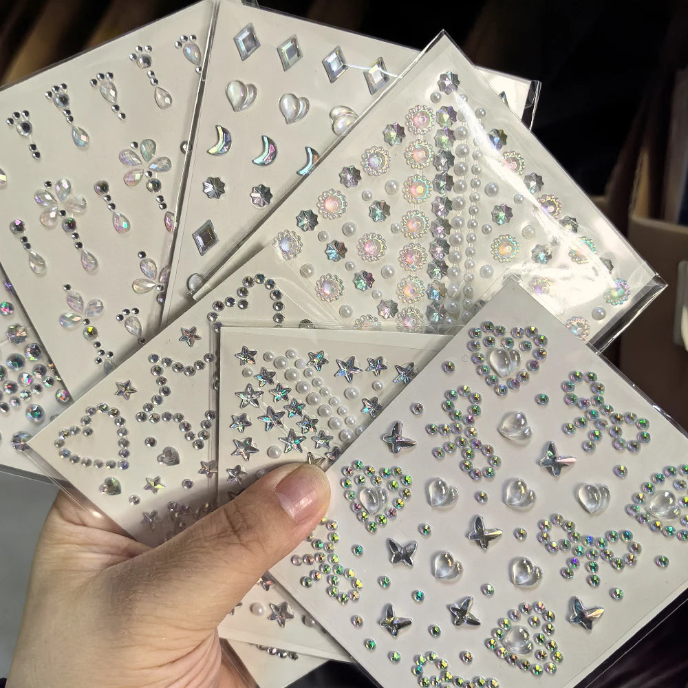 1pcs Laser Sparkle Stars Diamond/Pearls Face Gems Stickers Heart Moon Shape Rhinestones for Eyes/Face Stickers Temporary Tattoos