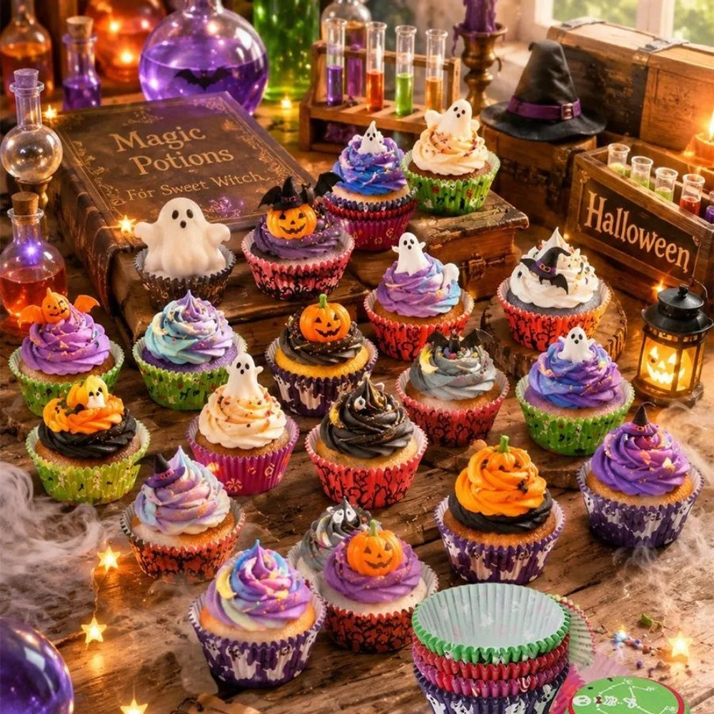 100PCS Halloween Cupcake Liners Ghost Pumpkin Muffin Baking Cups Wrapper Tray Holder DIY Party Candy Cake Decorations Supplies
