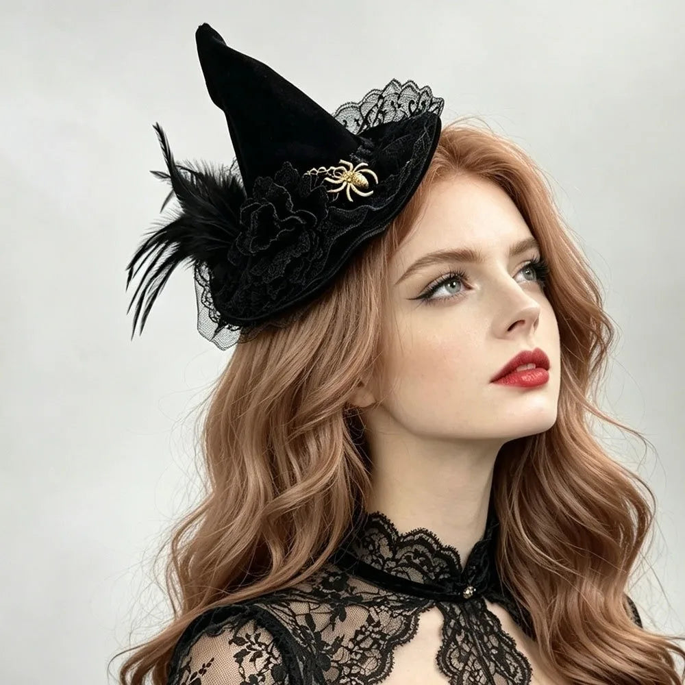 Flower Witch Hat Hair Clip Skull Spider Gothic Style Halloween Hair Clip Headdress Dark Black Witch Hairpins Cosplay