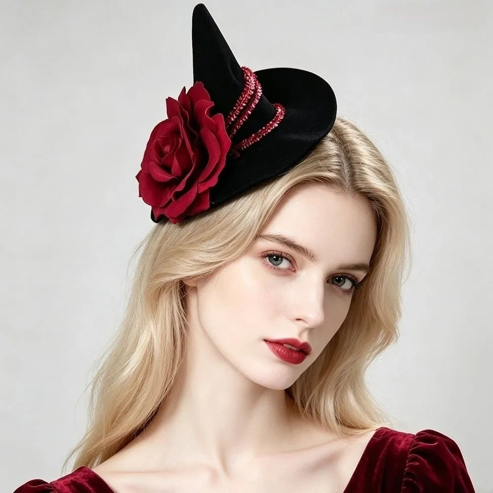 Flower Witch Hat Hair Clip Skull Spider Gothic Style Halloween Hair Clip Headdress Dark Black Witch Hairpins Cosplay
