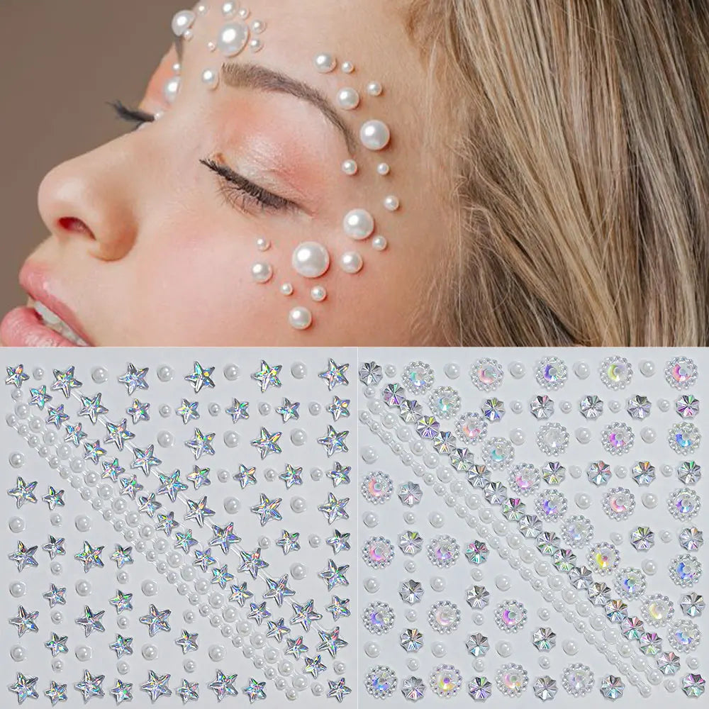 1pcs Laser Sparkle Stars Diamond/Pearls Face Gems Stickers Heart Moon Shape Rhinestones for Eyes/Face Stickers Temporary Tattoos