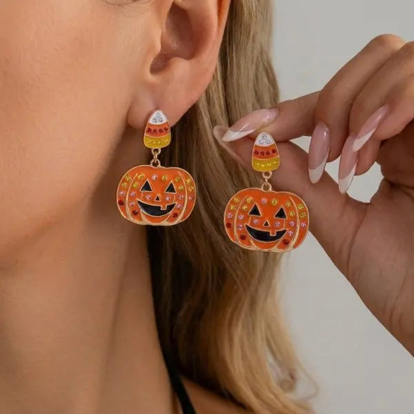 Halloween Pumpkin Dangle Earrings for Women Crystal Zircon Ghost Spider Long Tassel Dripping Oil Earring Party Festival Jewelry