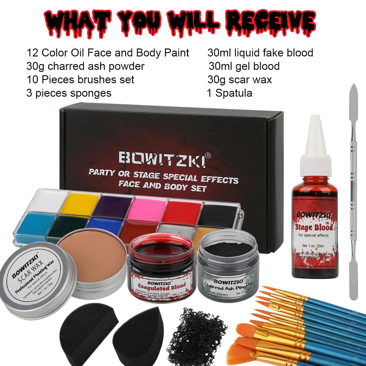 Bowitzki SFX Face Body Paint ,Halloween Makeup Special Effects，Fake Blood Scar Wax Charred Ash Powder with Sponges Brush