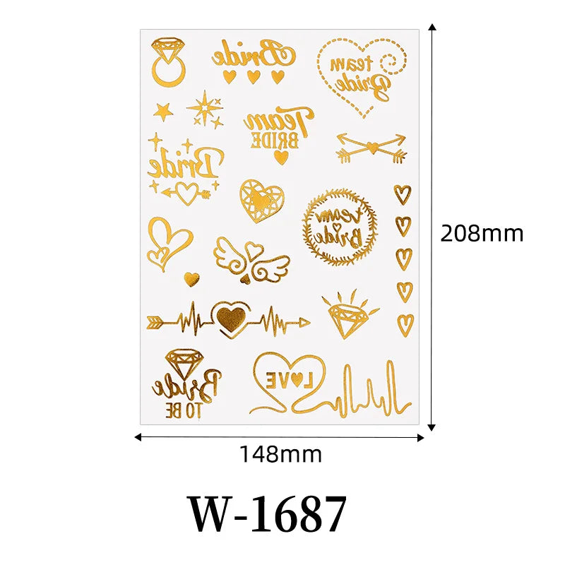Waterproof Metallic Temporary Tattoos Women Gold Flash Fake Tattoo Sticker Heart Design Stickers for Valentine Wedding Body Art