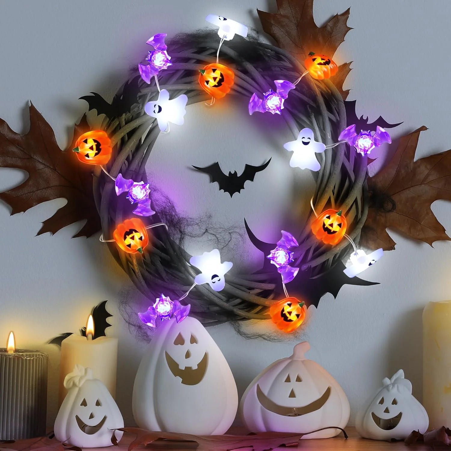 1pc 20/30 LED Halloween Copper Wire String Light With Mini Ghost Pumpkin Bat Fairy Lamp For Home Halloween Party Festival Decor