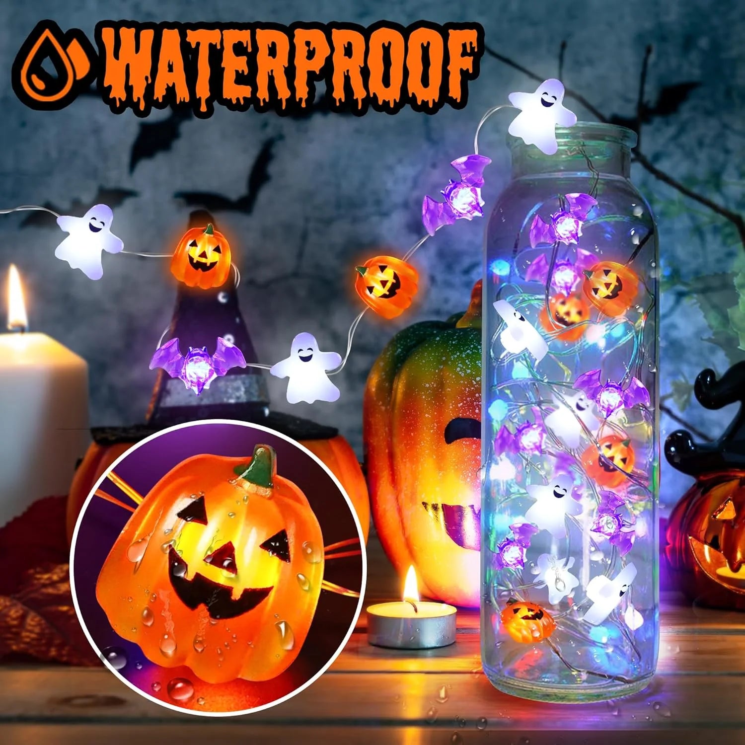 1pc 20/30 LED Halloween Copper Wire String Light With Mini Ghost Pumpkin Bat Fairy Lamp For Home Halloween Party Festival Decor