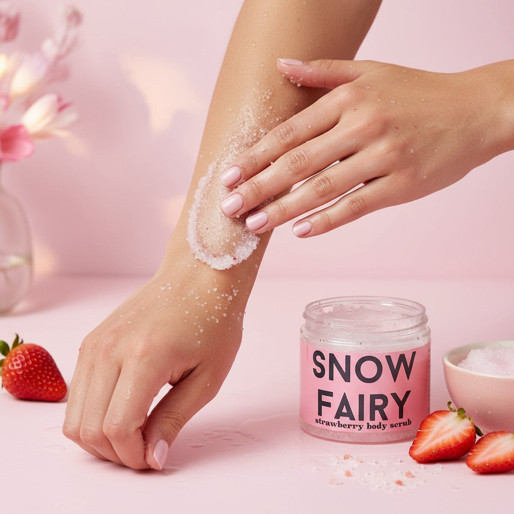Snow Fairy Strawberry Exfoliating Body Scrub key ingredients highlighted
