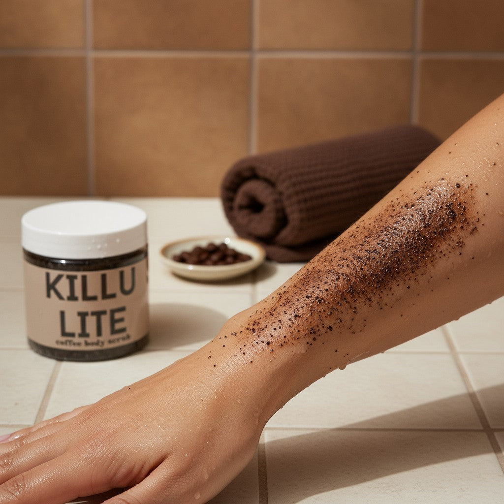 Killulite Coffee Exfoliating Body Scrub jar or pouch, front view